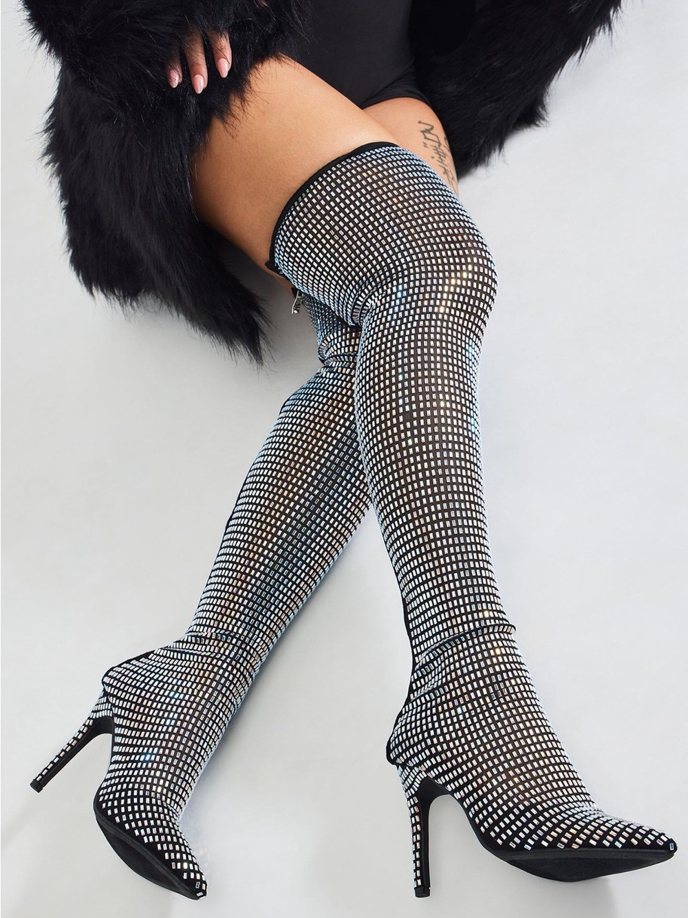 Fashion Nova Under The Disco Ball Over The Knee Rhinestone Boots Black Size 8.5